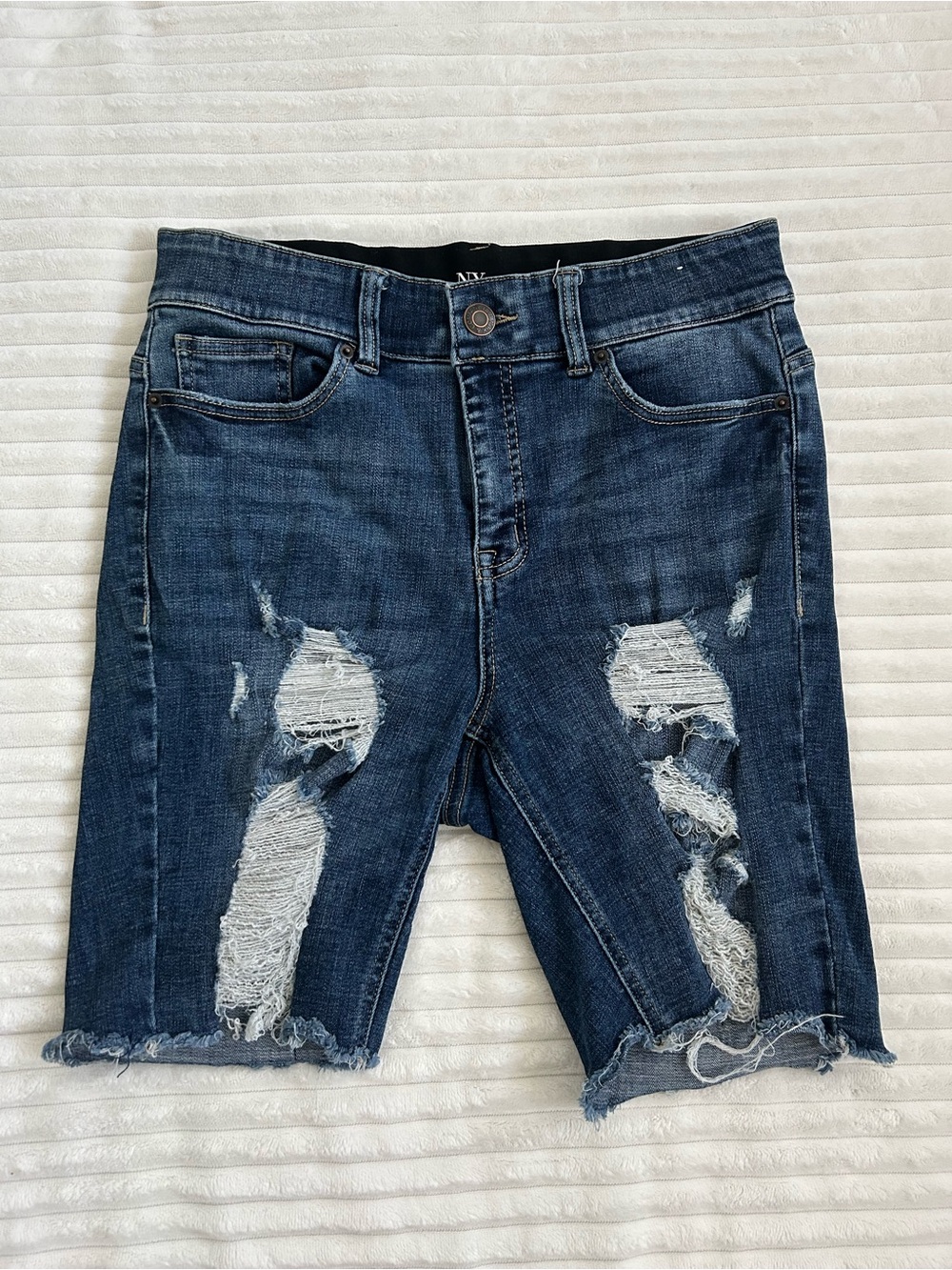 New York & Company Dark Blue Distressed Denim Bermuda Shorts